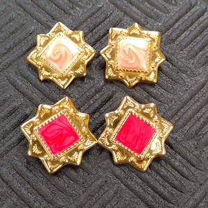 2 Pairs Gold Tone Pink Enamel Fashion Costume Clip Earrings